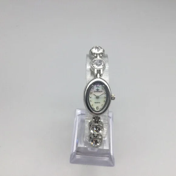 Cannes Womens Watch 17mm White MOP Silver Tone Crystal Bracelet New Battery 7" - Picture 2 of 15